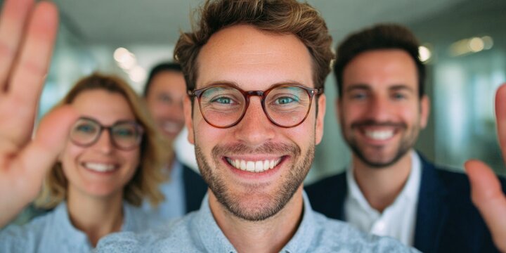 Happy professional team waving hands during video call in modern office representing successful remote team collaboration corporate connectivity