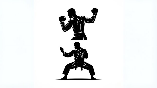 Black and white silhouettes of martial arts fighters demonstrating karate stances and defensive combat techniques