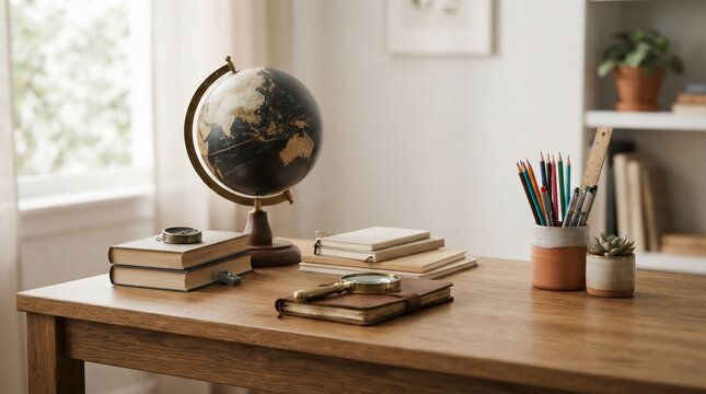 Table with globe books magnifying glass and art supplies in bright room