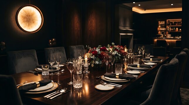 Elegant long dining table set for a formal dinner party in a dark moody luxury restaurant interior
