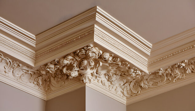 Ornamental plaster cornice on the ceiling with elaborate floral designs and sophisticated classic detailing