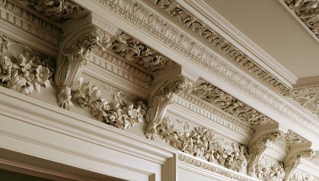 A ceiling ornament with ornate plasterwork and intricate floral patterns along with refined classical elements