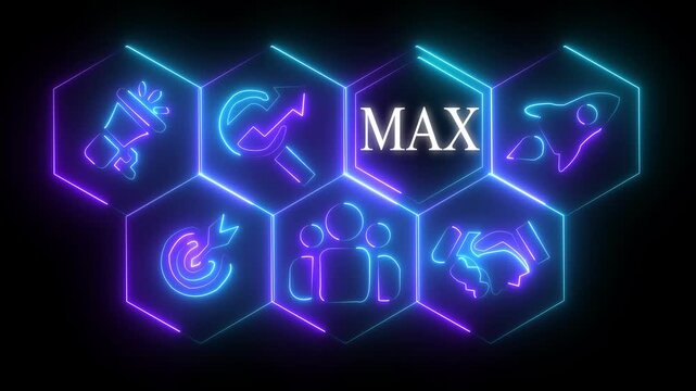 Neon sign Max button on a clear projection screen on abstract technology world map icon 4k animation..