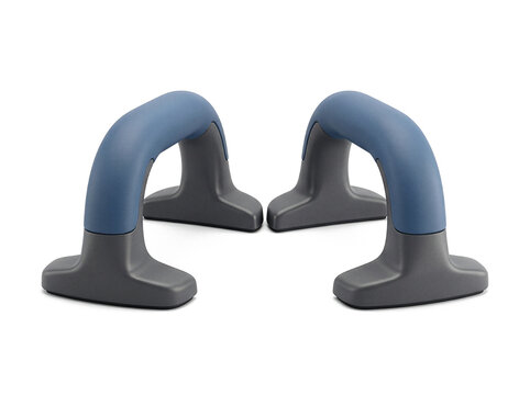 Two pairs of blue and dark gray push-up bars with padded curved handles and stable non-slip bases, isolated on a clean white background with soft shadows and realistic 3D fitness detail.