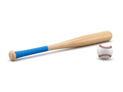Wooden baseball bat with a bright blue grip and white stitched baseball, arranged horizontally on a clean white background with generous copy space, soft shadows and realistic 3D sports detail.