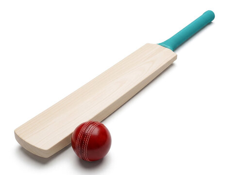 Wooden cricket bat with a turquoise grip and red stitched ball, isolated on a clean white background with soft shadows and realistic 3D sports detail.