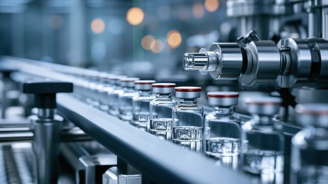 Medical vials on production line at pharmaceutical factory, Pharmaceutical machine working pharmaceutical glass bottles production line, health care, pandemic