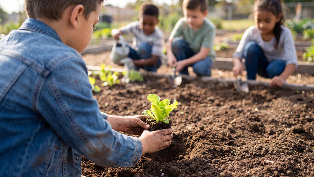 Children gather around a raised garden bed to plant small vegetable seedlings in the rich soil during an educational outdoor school workshop activity.
