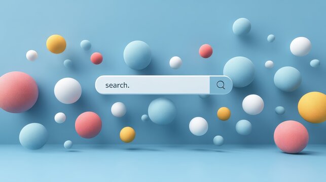 Minimal abstract background for online shopping e-commerce concept. Search bar surrounded with floating elements on blue background. 3d vector illustration