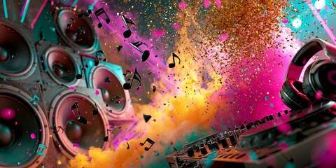 Fototapeta premium Vibrant digital render of DJ speakers and mixer with floating musical notes and colorful confetti explosion.