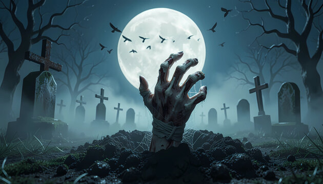 A Happy Halloween Scene With A Spooky Zombie Hand Rising From The Ground In A Graveyard Under A Full Moon