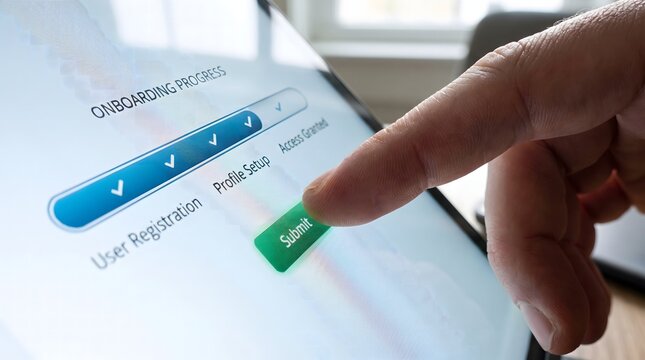 Hand clicking submit button on digital onboarding process screen