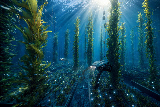 Underwater Autonomous Drone Monitoring Futuristic Deep Sea Kelp Farm Aquaculture