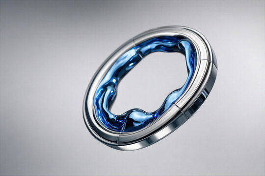 Abstract Futuristic Metallic Smart Ring With Blue Liquid Wave Motion