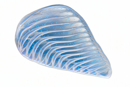 Futuristic bioluminescent blue shell abstract 3D element on white background