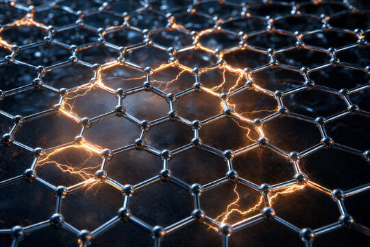 Graphene molecular lattice structure with electrical energy sparks background concept