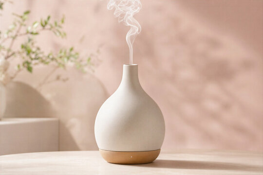 Ceramic essential oil diffuser emitting vapor on beige table surface