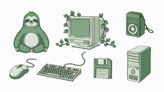 Minimalist retro vector set featuring a cute sitting sloth alongside vintage green computer hardware overgrown with ivy leaves, concept for slow tech and digital detox, suitable for sticker design