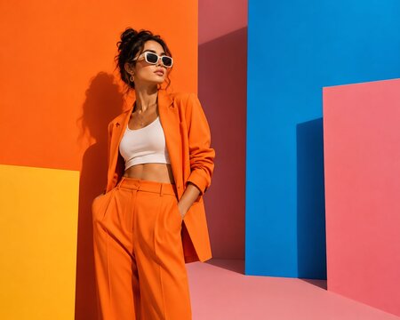 Stylish Young Woman in Vibrant Orange Suit Posing Against Bold Color Block Background