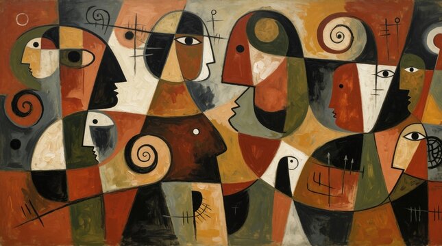 Abstract cubism oil painting with geometric human faces, heads. Artistic composition features multiple portraits in earth tones with stylized features, primitive cultural symbols. Modern aesthetic
