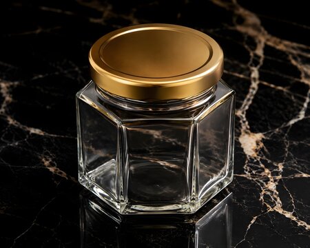 Hexagonal Glass Jar Mockup with Gold-Tone Lid on Black Marble for Luxurious Product Presentation Showcase