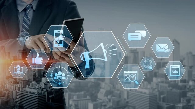 Digital marketing promotion strategy using megaphone, social media marketing, digital ads video content, communication, analytics, and global branding advertisement for business outreach Marrow