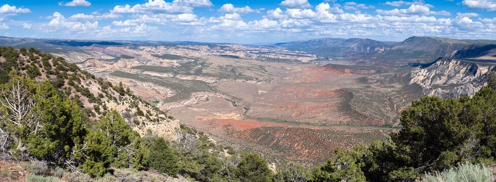 Panorama of the scenic landscape of Echo Park Overlook at Dinosaur National Monument in Colorado, USA