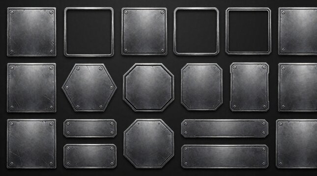 Collection of grunge metal plates and frames. Various shapes like square, rectangle, and hexagon feature rivets and scratches. Ideal for game UI or industrial design elements.
