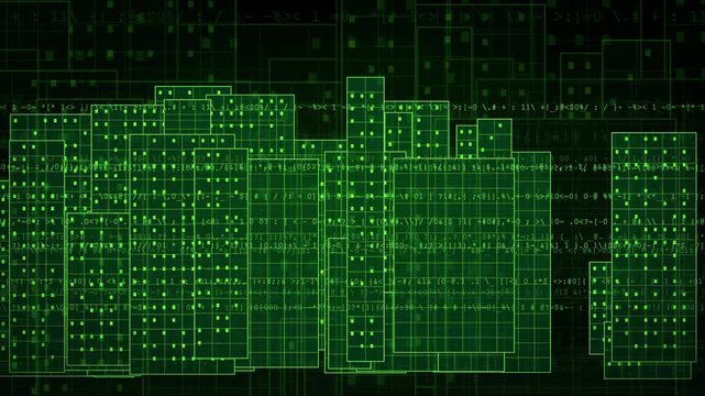Futuristic Green Cyberpunk Wireframe City with Binary Code and Digital Glitch Effects