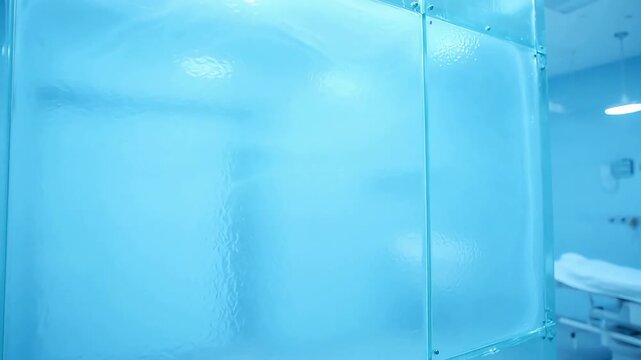 Frosted glass partition in a clinical room with medical bed visible in background