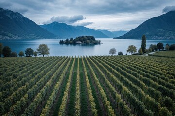 Obraz premium Rows of green vines grow in vineyard near deep blue lake water. Mountains rise in background under cloudy sky. Small island with trees sits in middle of scenic landscape. Nature provides peaceful