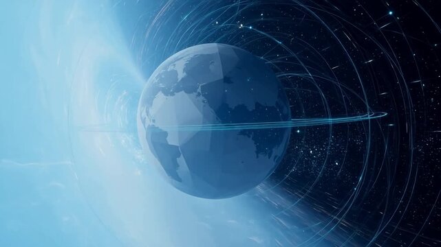 Earth rotating in space with orbiting satellite paths and cosmic background