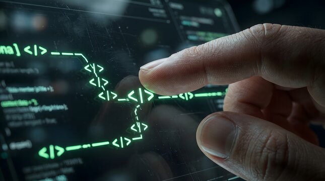 Close up of a finger touching green programming code on a screen