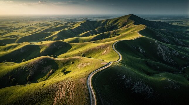 Aerial view of winding road through rolling green hills at sunset. Dramatic lighting creates high contrast shadows and highlights on textured landscape. Serene nature scene.