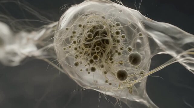 Microscopic view of a neuron with dendrites and synaptic vesicles in motion