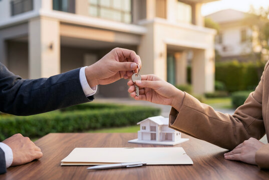Close-up of a house key being handed to a new owner over real estate documents and a home model. Property purchase, ownership, investment and residential housing concept