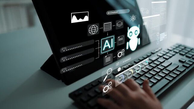 Digital interface showcasing artificial intelligence with chatbot and data visualization elements on a modern workspace computer setup Gluon.