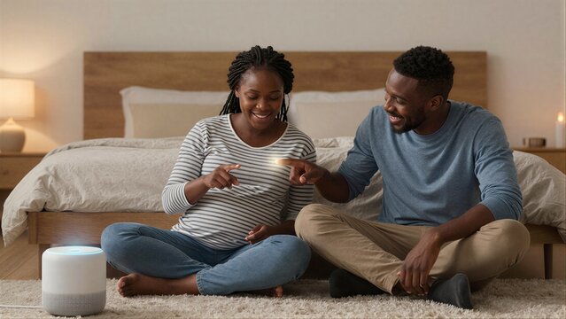 Pregnant couple smiles, interacts with smart speaker in cozy bedroom setting.