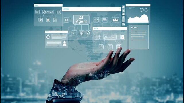 Futuristic Concept of AI Agent Technology with Hand and Digital Interface in Urban Background Depicting Automation and Connectivity. Entropy.