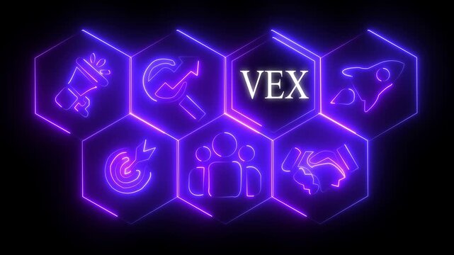 Glowing neon line Vex Transfer concept button on a futuristic computer screen. technology background with rotating world map icon, Business.4k video..