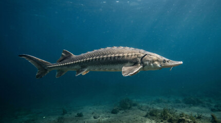 Obraz premium Sturgeon glides gracefully through the deep blue water above a sandy river bottom landscape.