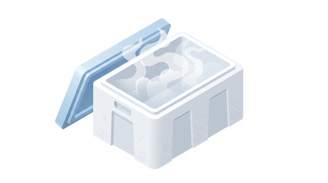 Isometric illustration of an open EPS foam cooler box with dry ice vapor