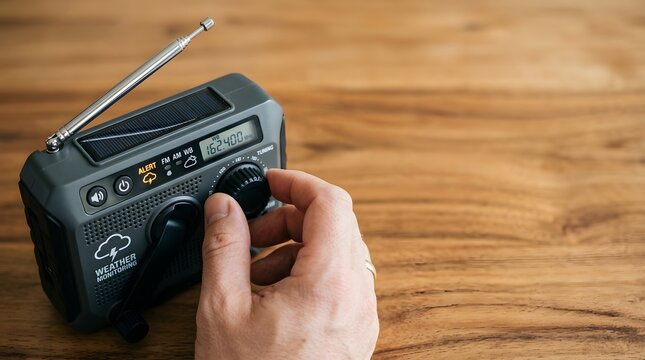 Portable Weather Radio with Antenna on Wooden Surface in Close-up