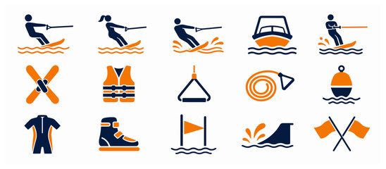 Collection of water sports and safety equipment icons. © mbg.studio