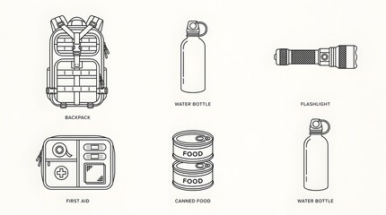 Fototapeta premium Essential survival gear consist of a backpack, water bottles, a flashlight, bandages, and canned food.
