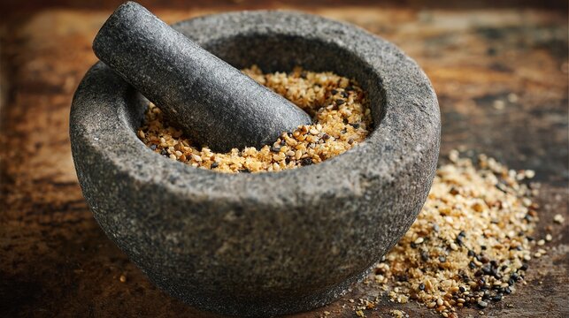 Sesame peanut mix stone mortar rustic kitchen