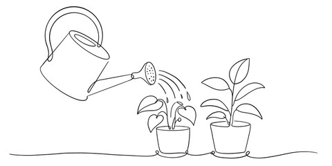Continuous Line Drawing of Watering Potted Plants Depicting Care and Growth Concept © ImageFlow 