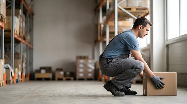 Man in Warehouse Squatting Handling Cardboard Box with Shelves and Natural Light