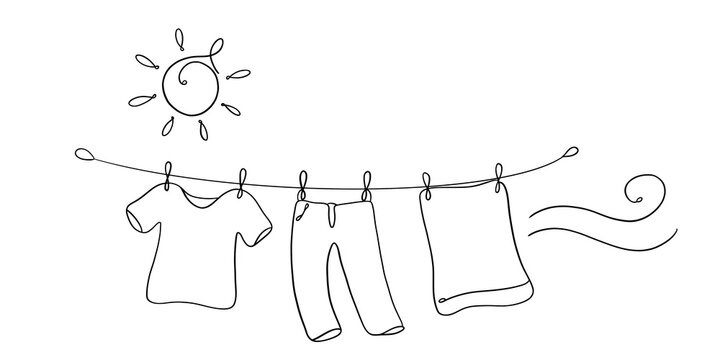 Simple Line Art Drawing of Laundry Hanging on a Clothesline Drying Outdoors Under the Sun and Wind