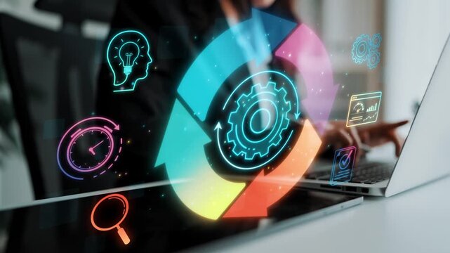 Businessperson Analyzing Data Through Innovative Technology Visualizations in Modern Workspace with Colorful Icons of Strategy and Analytics Sigmoid
